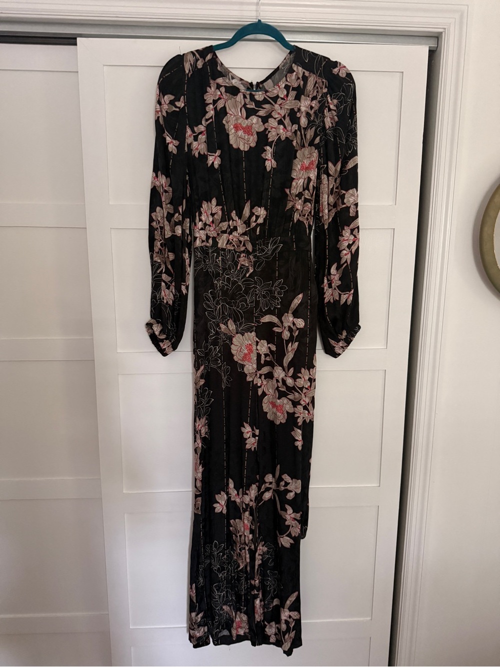 Black Floral Pant  Romper with Pink, Red and Cream Blooms from Anthropologie